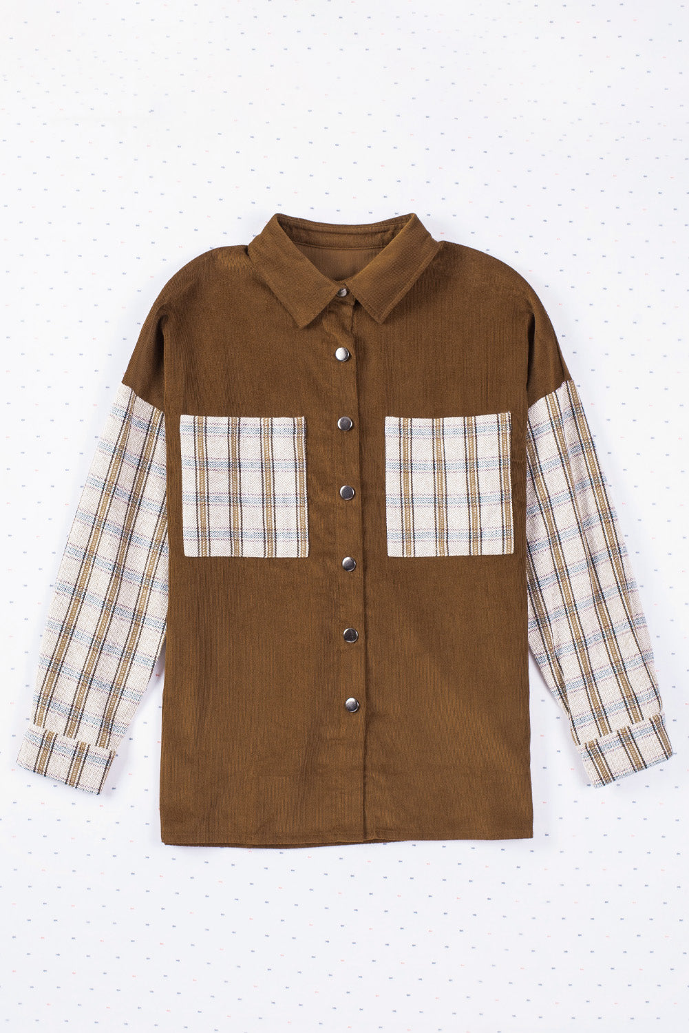 Plaid Patchwork Corduroy Shirt Jacket with Pocket