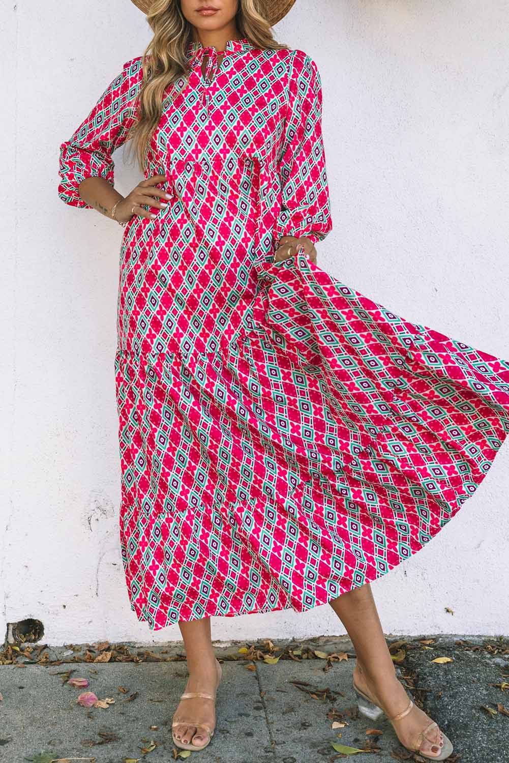 Bohemian Geometry Print 3/4 Puff Sleeve Dress