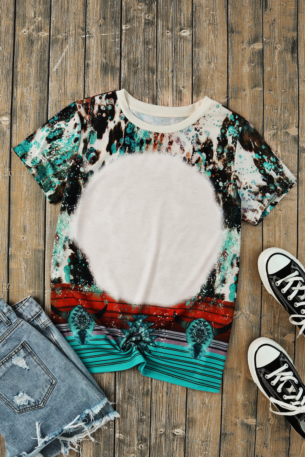 Bleached Western Print Blank Graphic T Shirt