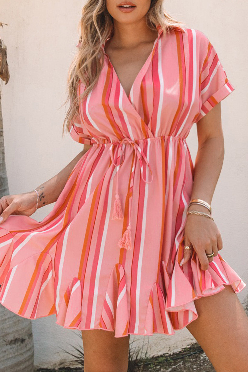 Stripe Print Rolled Short Sleeve V Neck Mini Dress