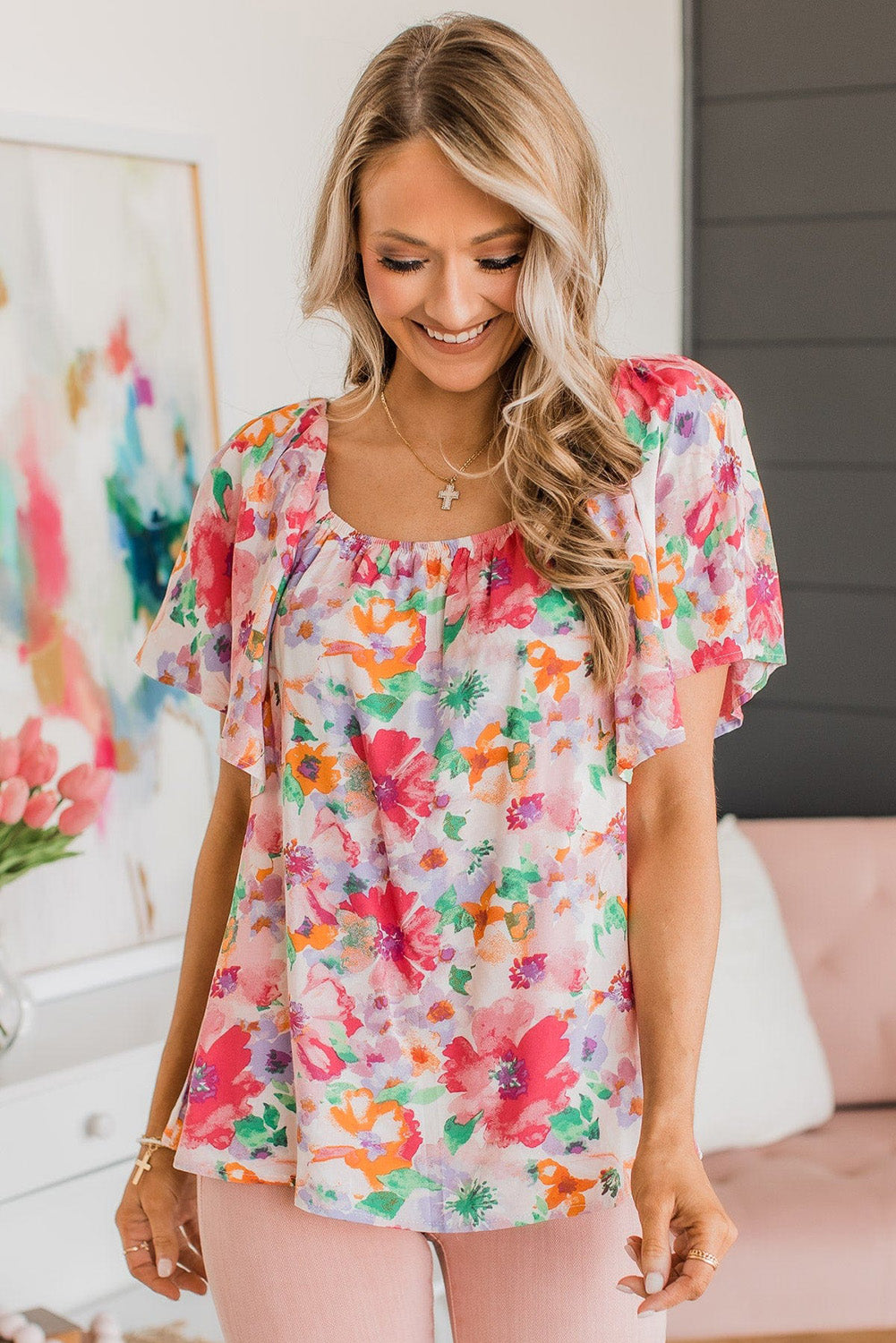 Multicolor Watercolor Floral Square Neck Ruffle Sleeve Blouse