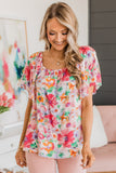 Multicolor Watercolor Floral Square Neck Ruffle Sleeve Blouse