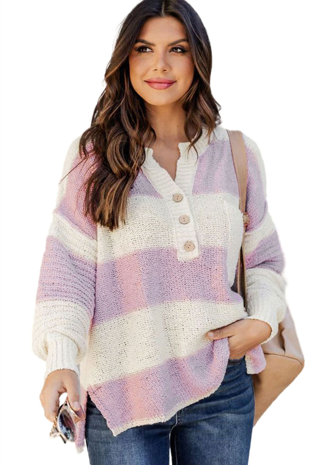 Striped Knit Button Ribbed Split Neck Sweater