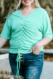 Plus Size Ruched Rib Drawstring V Neck Top