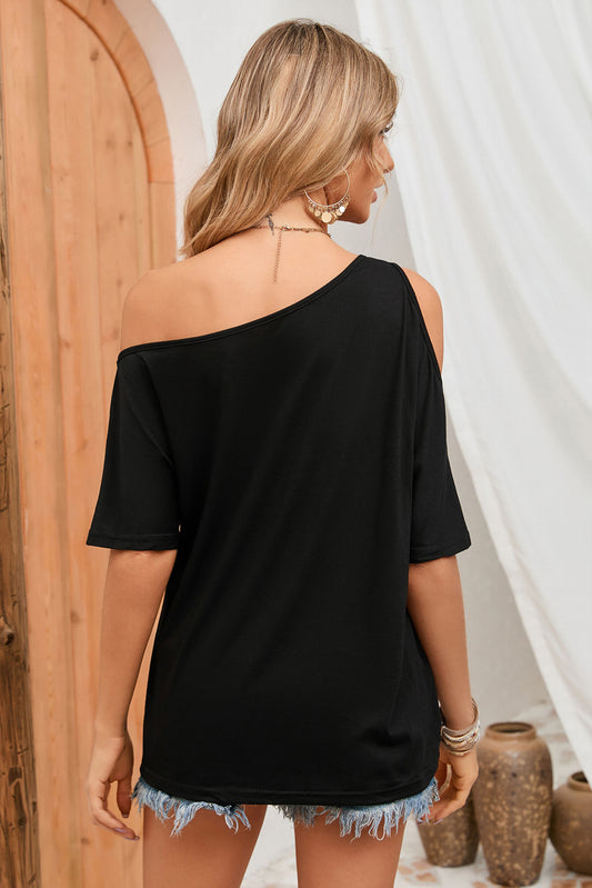 Solid Asymmetrical Neck Loose Casual T-Shirt