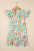 Green Abstract Floral Ruffle Trim Flutter Sleeve Buttoned Dress