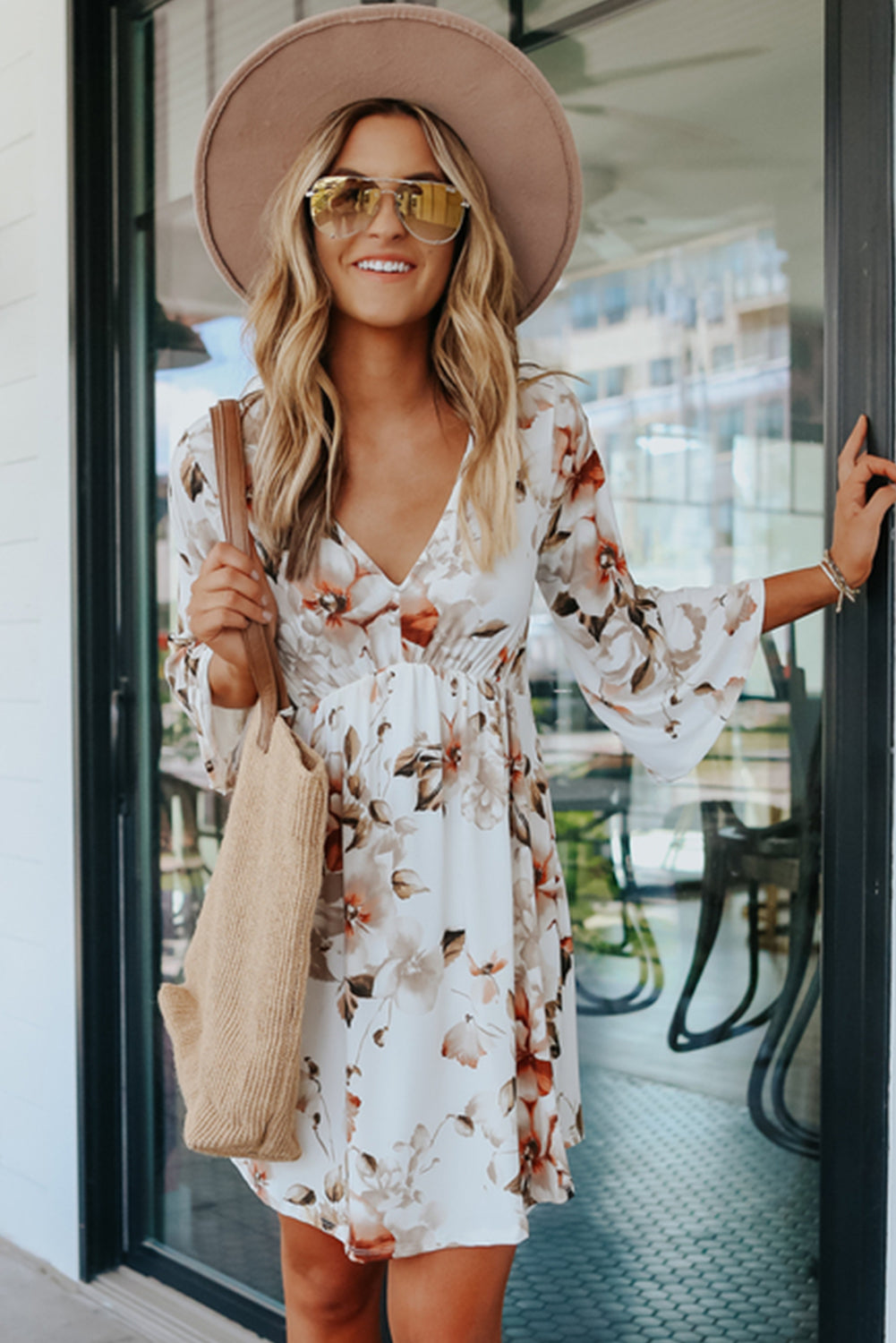 V Neck 3/4 Sleeve Floral Dress