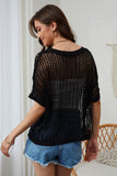 Whit Fishnet Knit Ribbed Round Neck Short Sleeve Sweater Tee