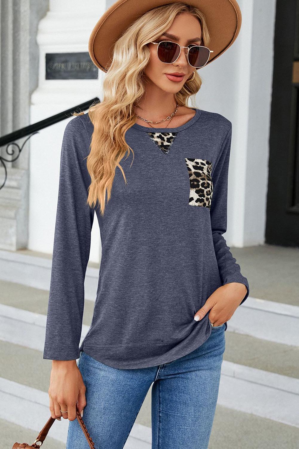 Leopard Patch Detail Long Sleeve Top