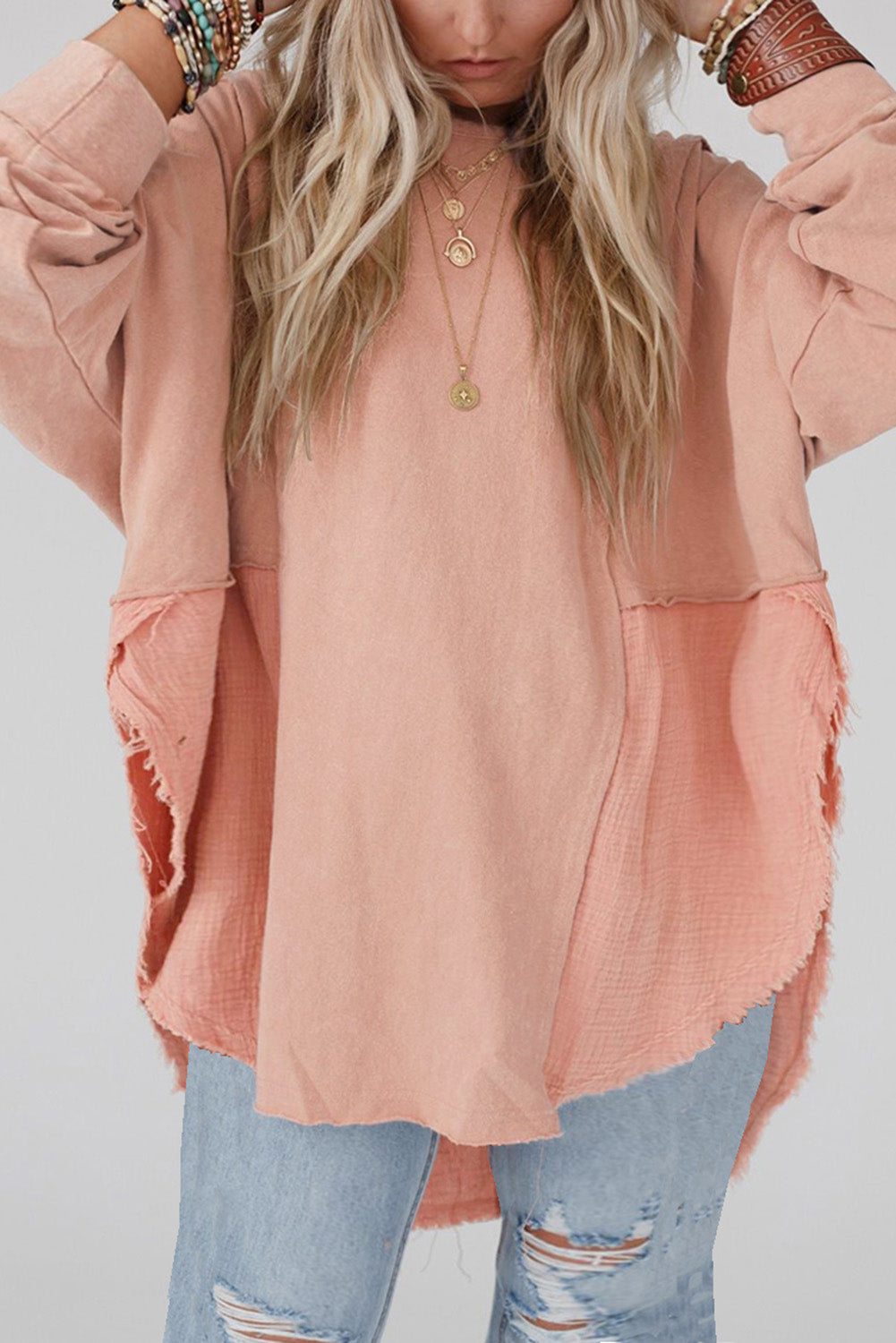 Crinkle Splicing Raw Hem High Low Oversized Blouse