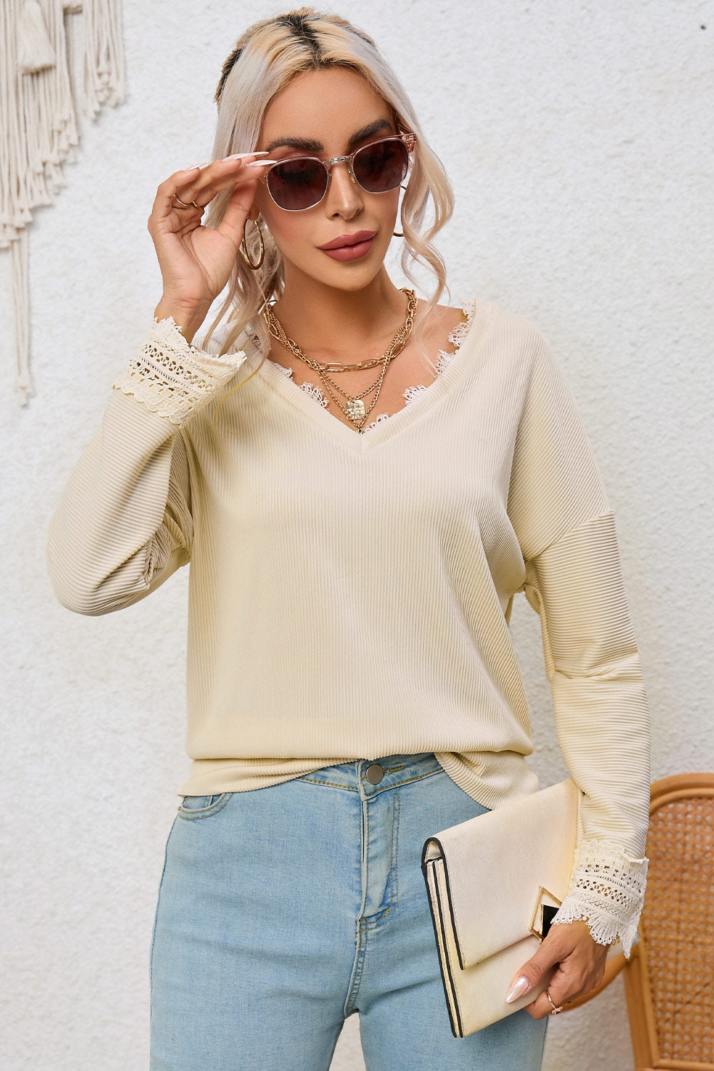 Ribbed Texture Lace Trim V Neck Long Sleeve Top