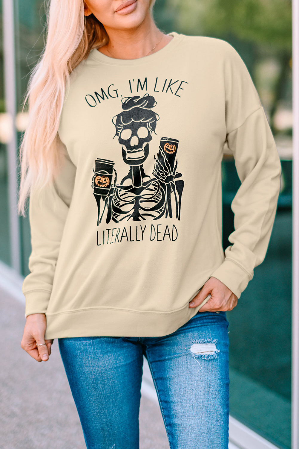 Halloween Skeleton Letter Print Crew Neck Pullover Sweatshirt