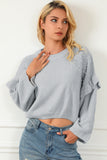 Gray Pearl Embellished Ruffle Wide Sleeve Sweater