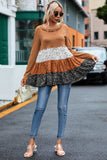 Ribbed Long Sleeve Dotted Tiered Ruffled Flowy Top