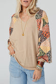 Parchment Contrast Printed Raglan Sleeves Patchwork V Neck Loose Top