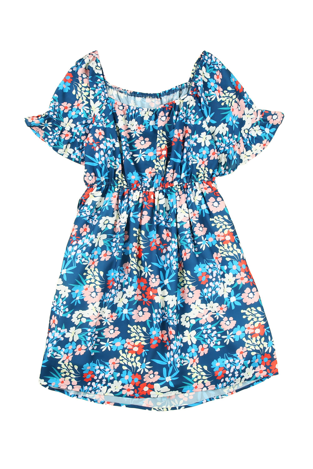 Robe florale bleue à volants et col carré