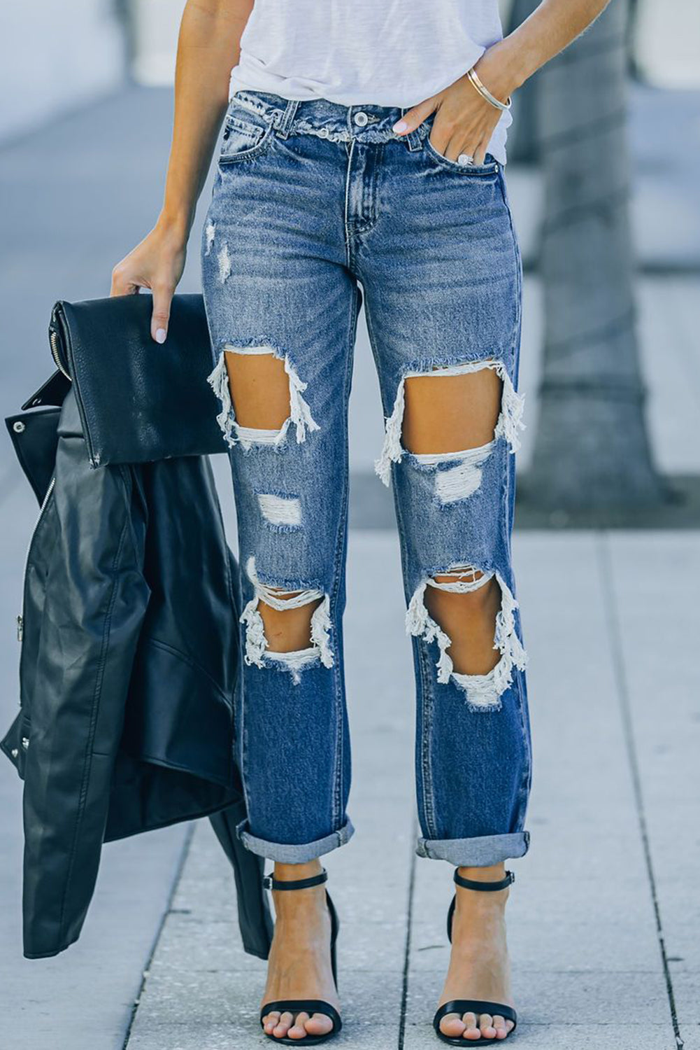 Cut Out Straight Leg Distressed Boyfriend Jeans