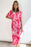 Abstract Print Asymmetric Ruffle Hem Belted Dress