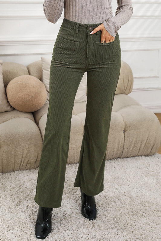 Green High Waist Square Pockets Corduroy Pants