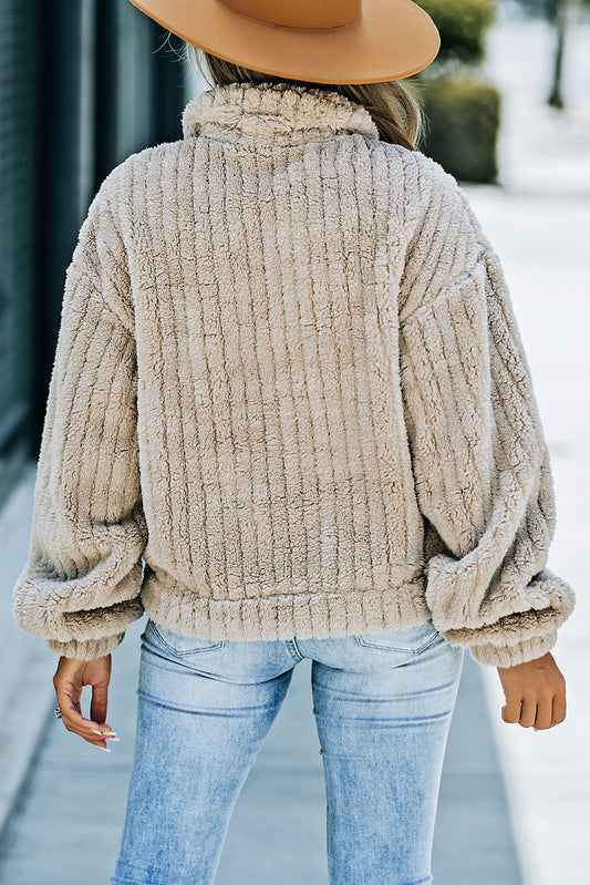 Veste boutonnée en polaire pelucheuse de couleur unie kaki