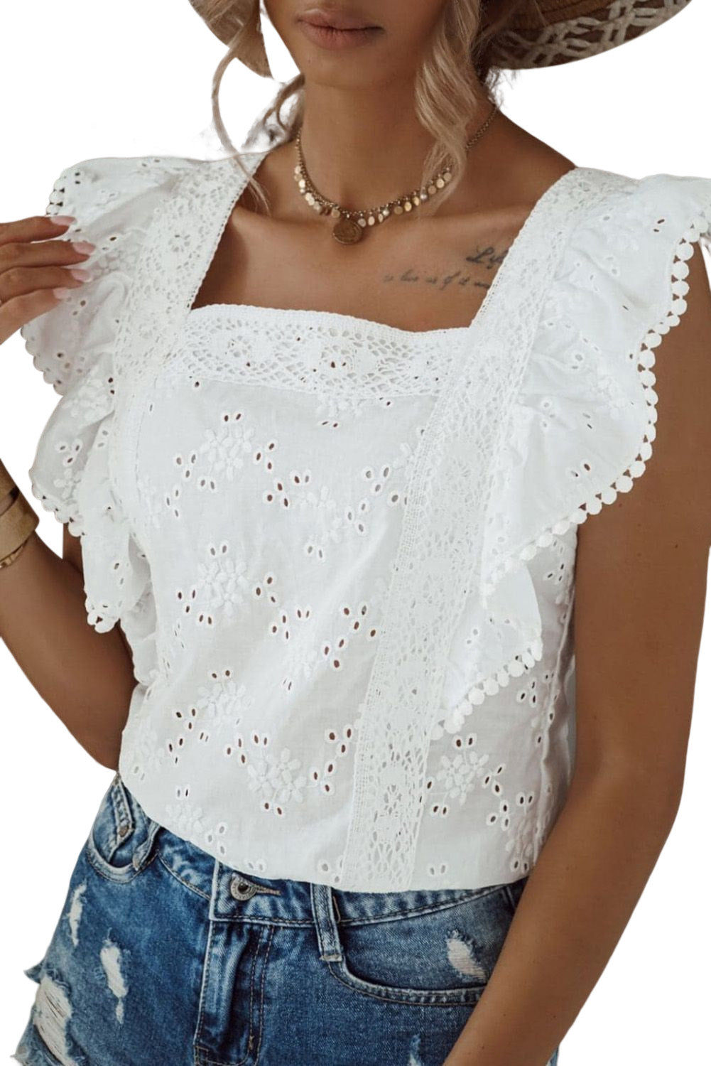 White Square Neck Ruffle Sleeve Blouse