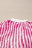 Bright Pink Striped Textured Knit Contrast Edge Loose Sweater