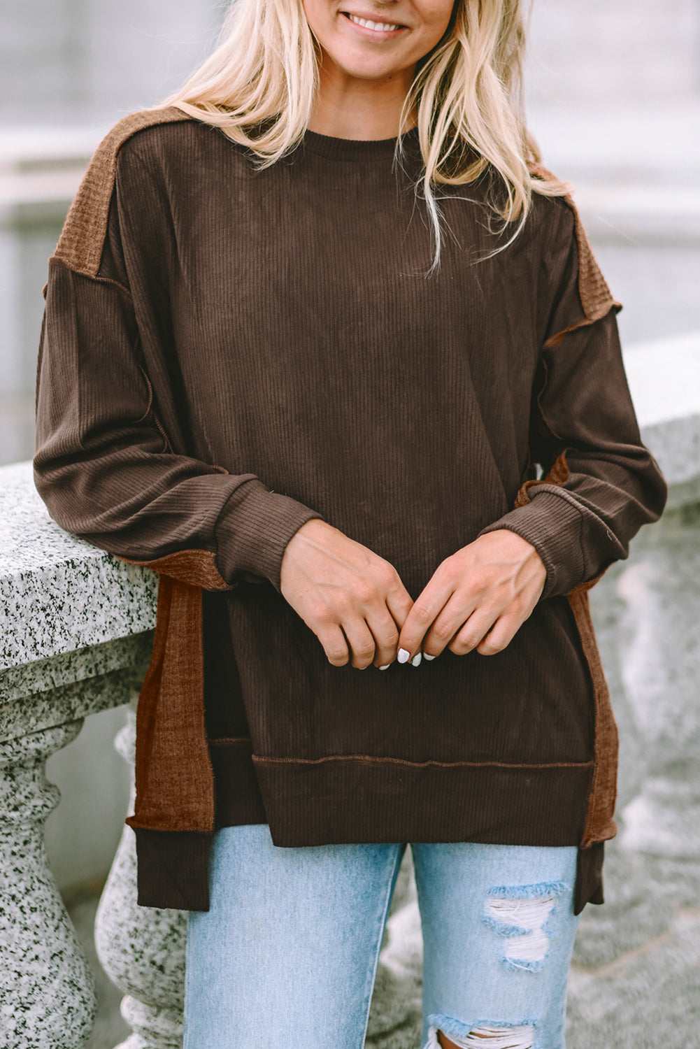 Brown Exposed Seam Patchwork Ribbed Knit Oversized Top