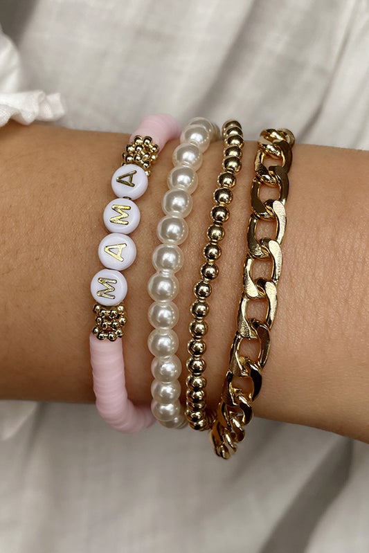 4PCS MAMA Pearls Beaded Chain Bracelets Set