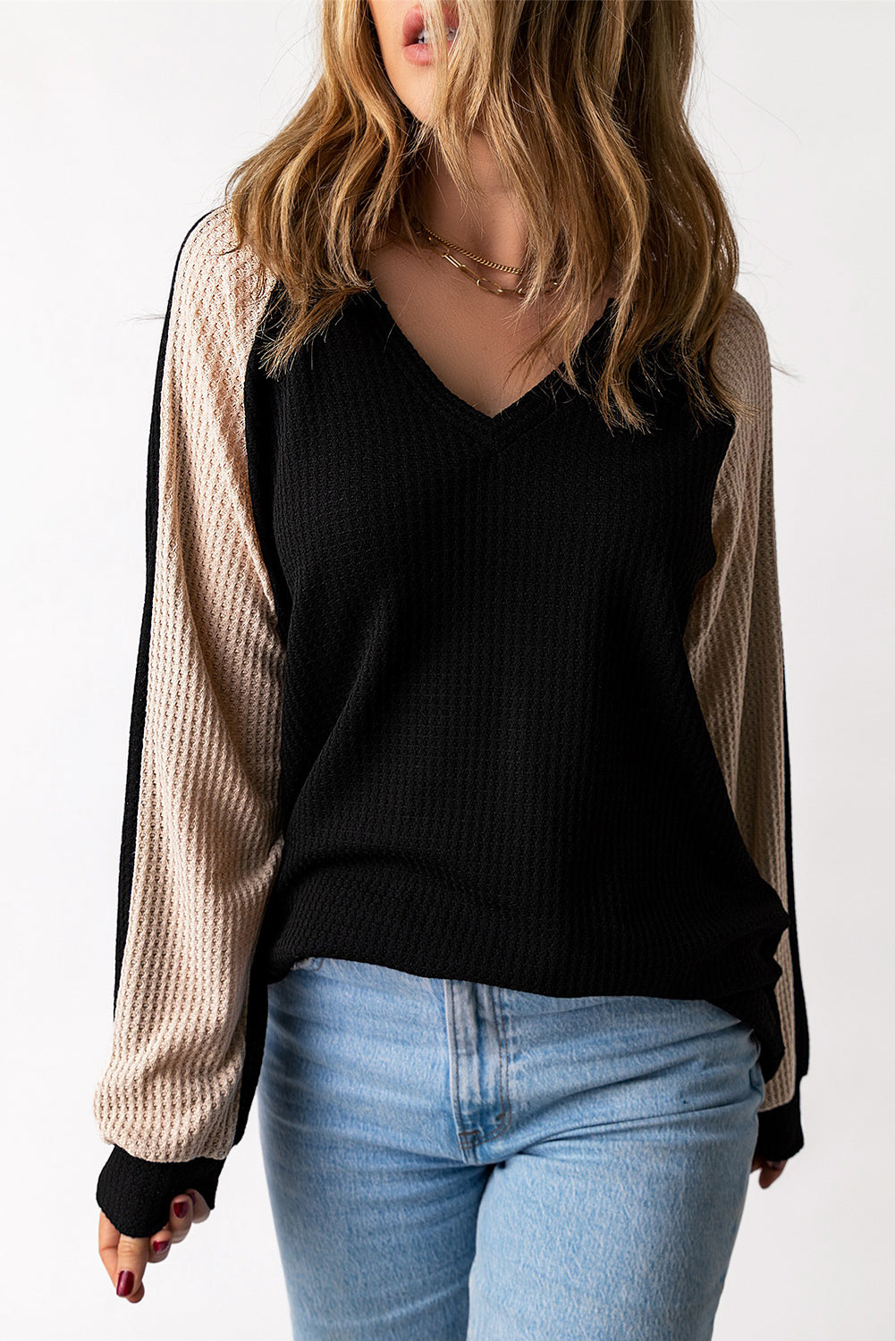 V Neck Contrast Block Waffle Knit Top