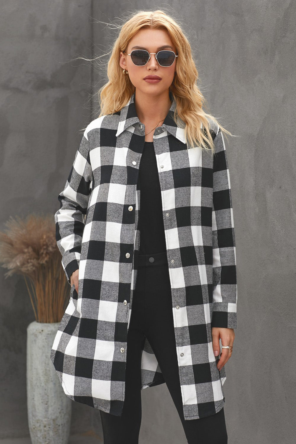 Brown Turn-down Collar Plaid Shirt Coat