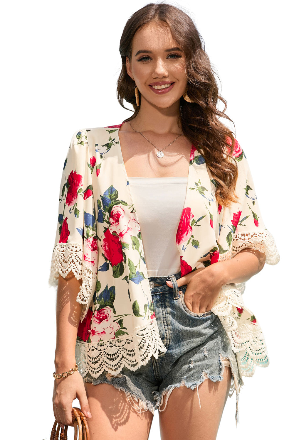 Kimono d'épissage en dentelle festonnée à imprimé floral beige