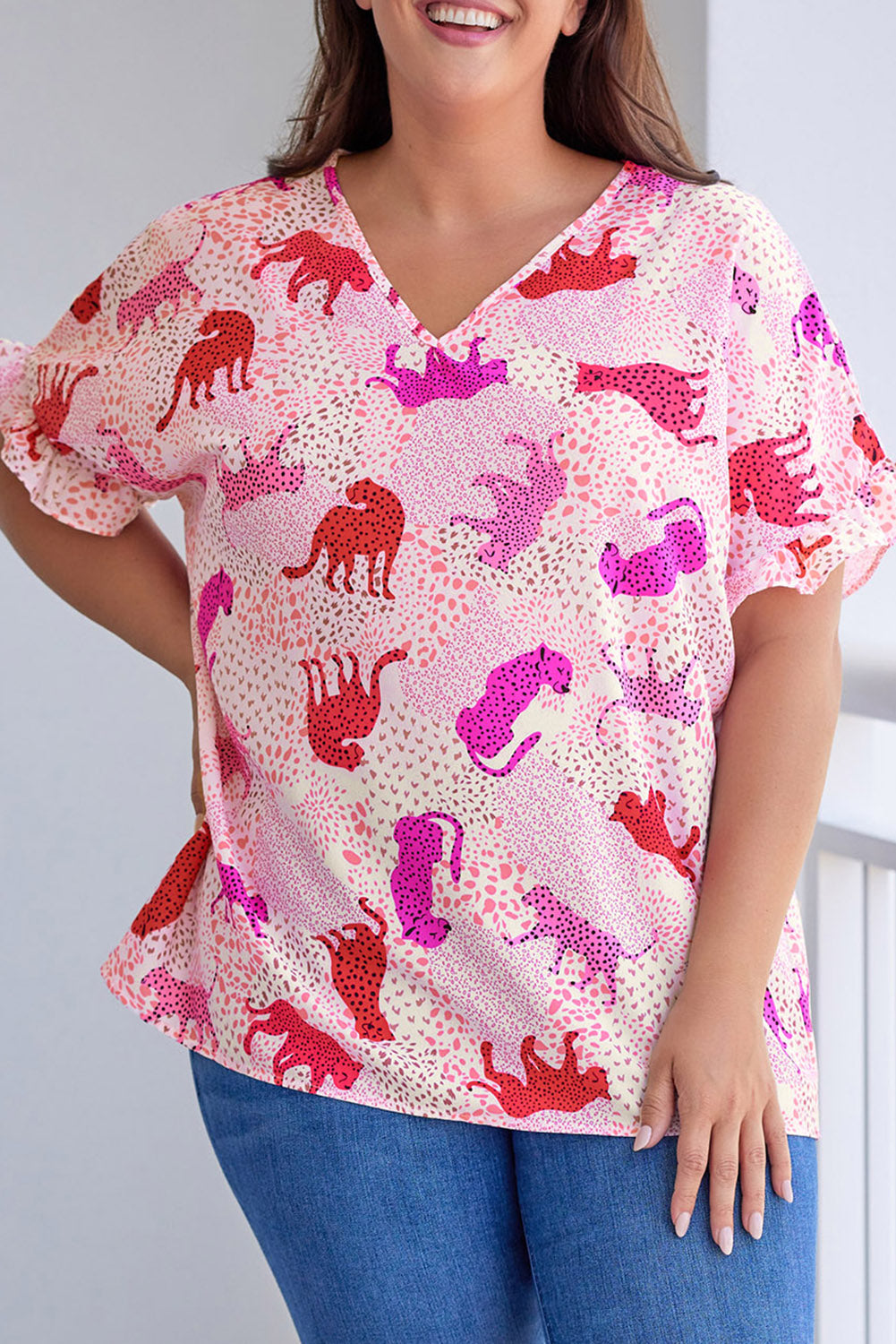 Plus Size Jaguar Print Ruffled Short Sleeves Top