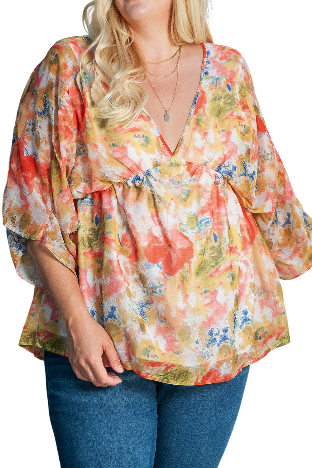 Abstract Print Drape Sleeve V Neck Plus Size Babydoll Blouse