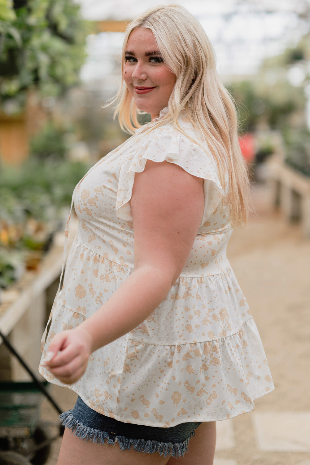 Ruffled Floral Print Plus Size Top