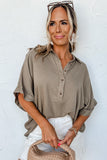 Simply Taupe Collared Half Buttons Folded Short Sleeve Oversize Top