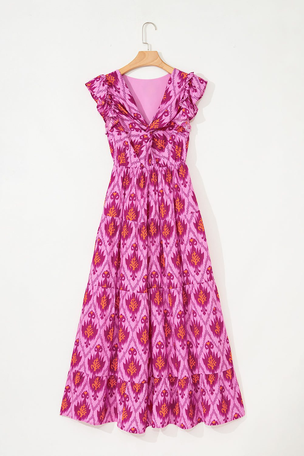 Bonbon Retro Print Twisted Front Ruffled Sleeve Maxi Dress