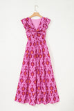 Bonbon Retro Print Twisted Front Ruffled Sleeve Maxi Dress