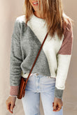 Colorblock Ribbed Trim Round Neck Sweater