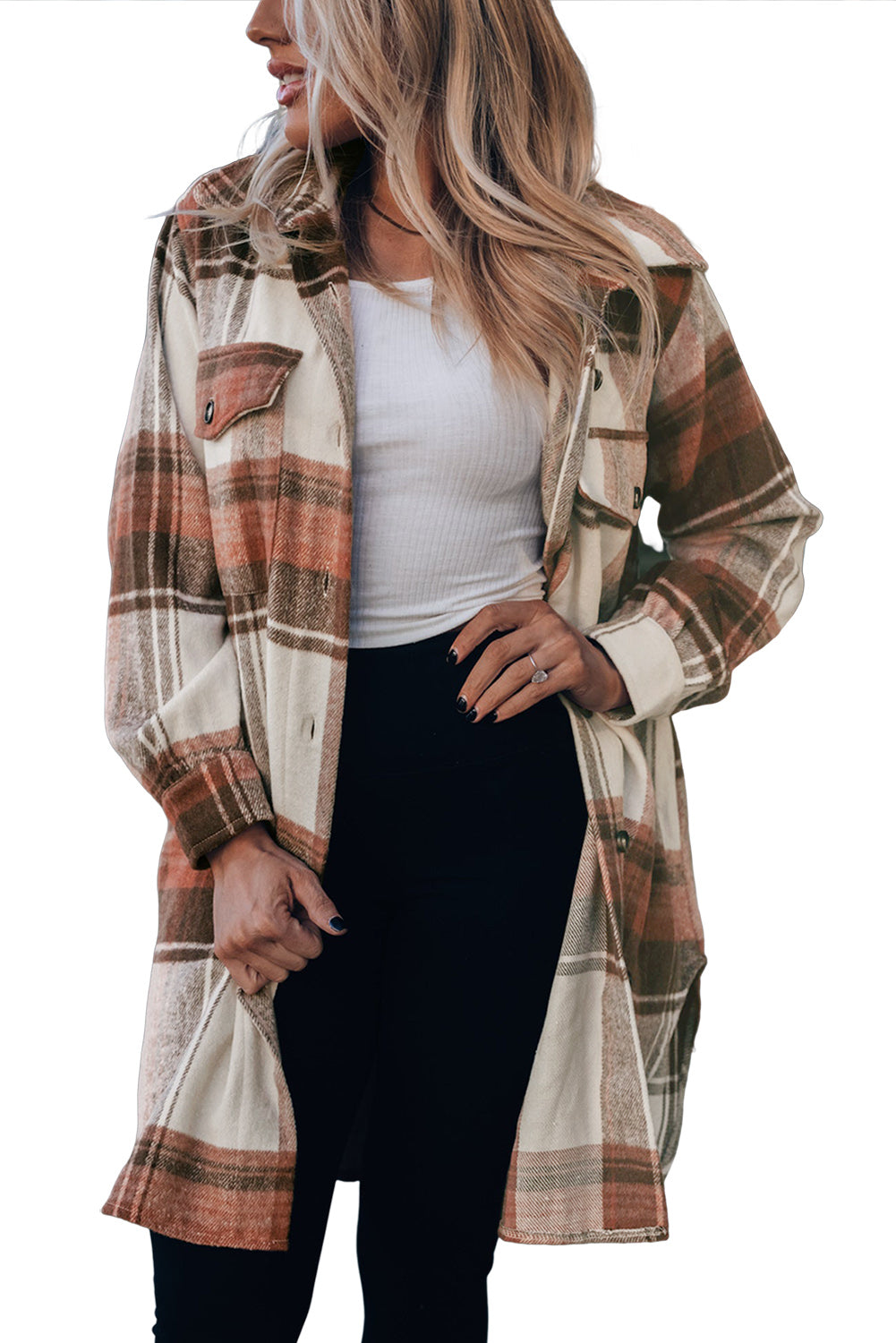 Brown Plus Size Plaid Flap Pockets Shacket