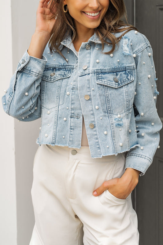 Pearls Beading Cropped Denim Jacket