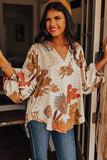 White V Neck Loose Sleeve Floral Blouse