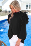 Button Keyhole Back Pleated Ruffle Trim Blouse