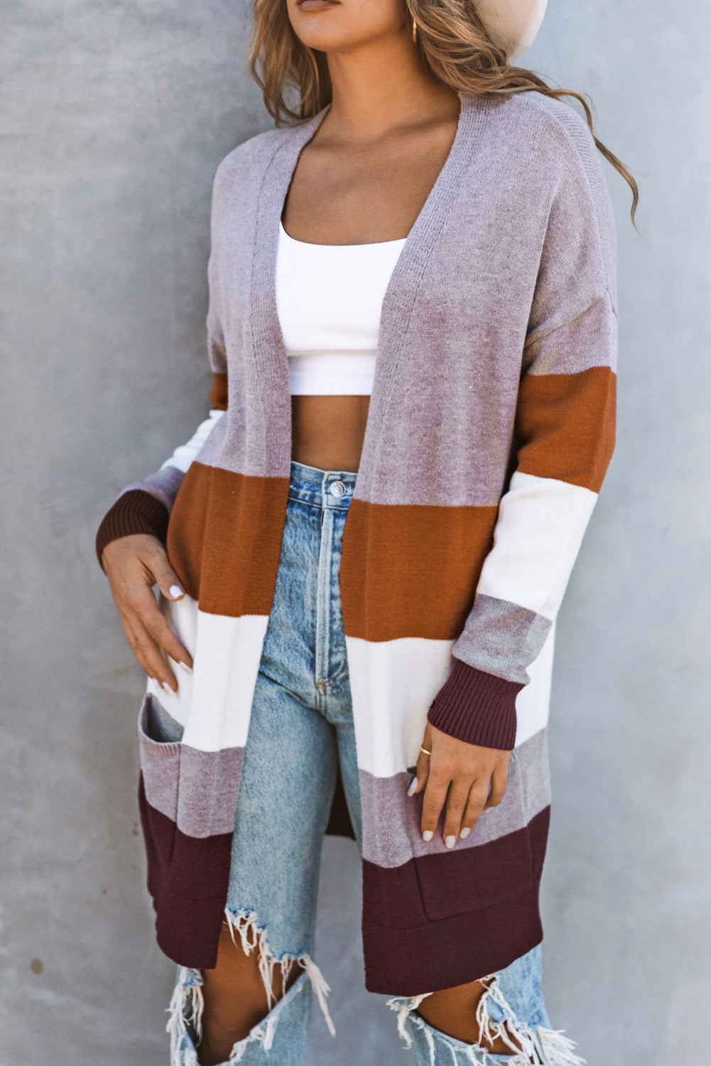 Cardigan color block kaki ouvert sur le devant avec poches