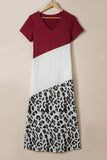 Red Leopard Color Block Side Slit T Shirt Maxi Dress