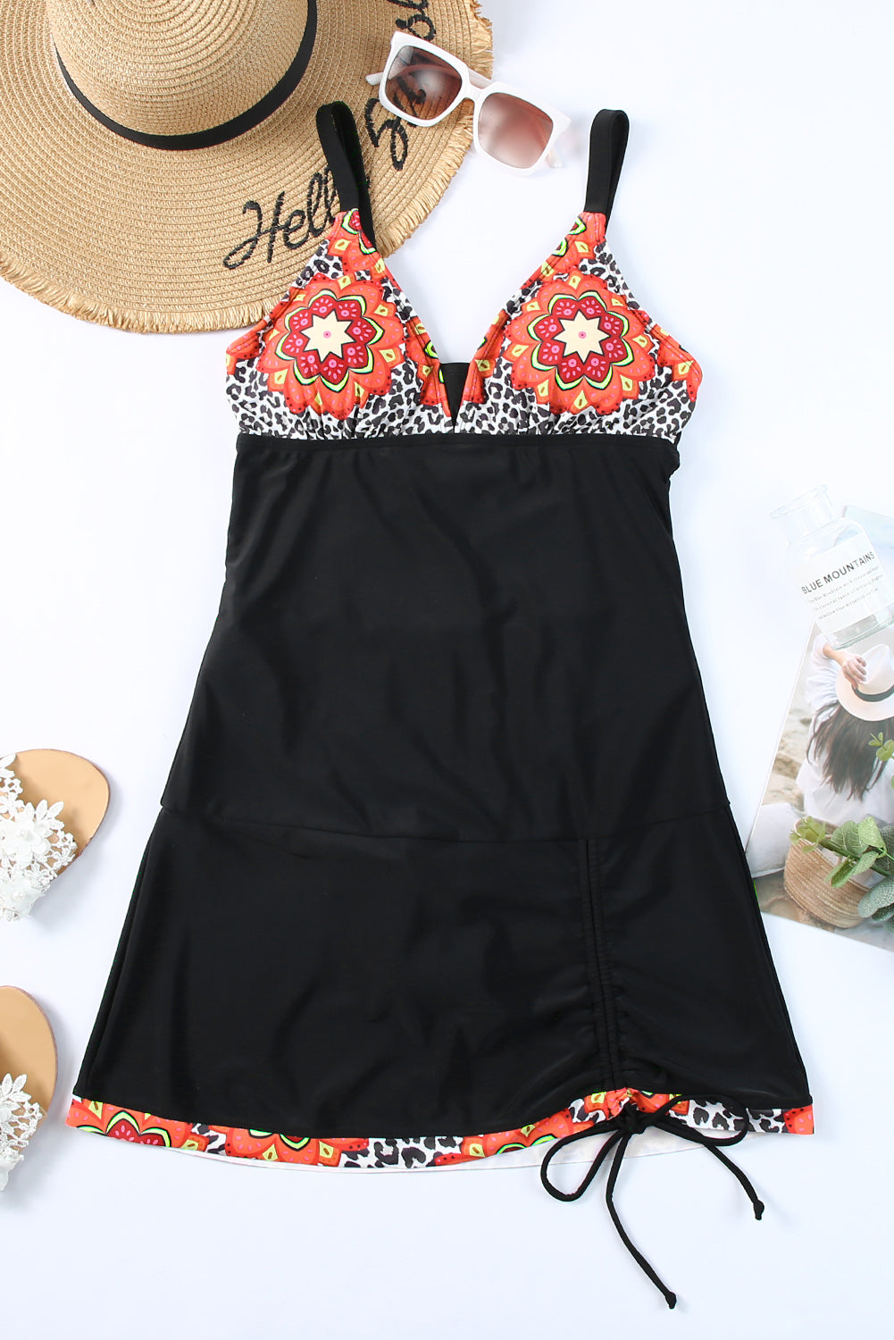 Tribal Floral Leopard Print Lace Up One Piece Swimsuit