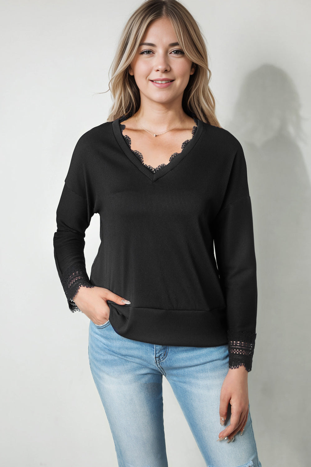 Ribbed Texture Lace Trim V Neck Long Sleeve Top