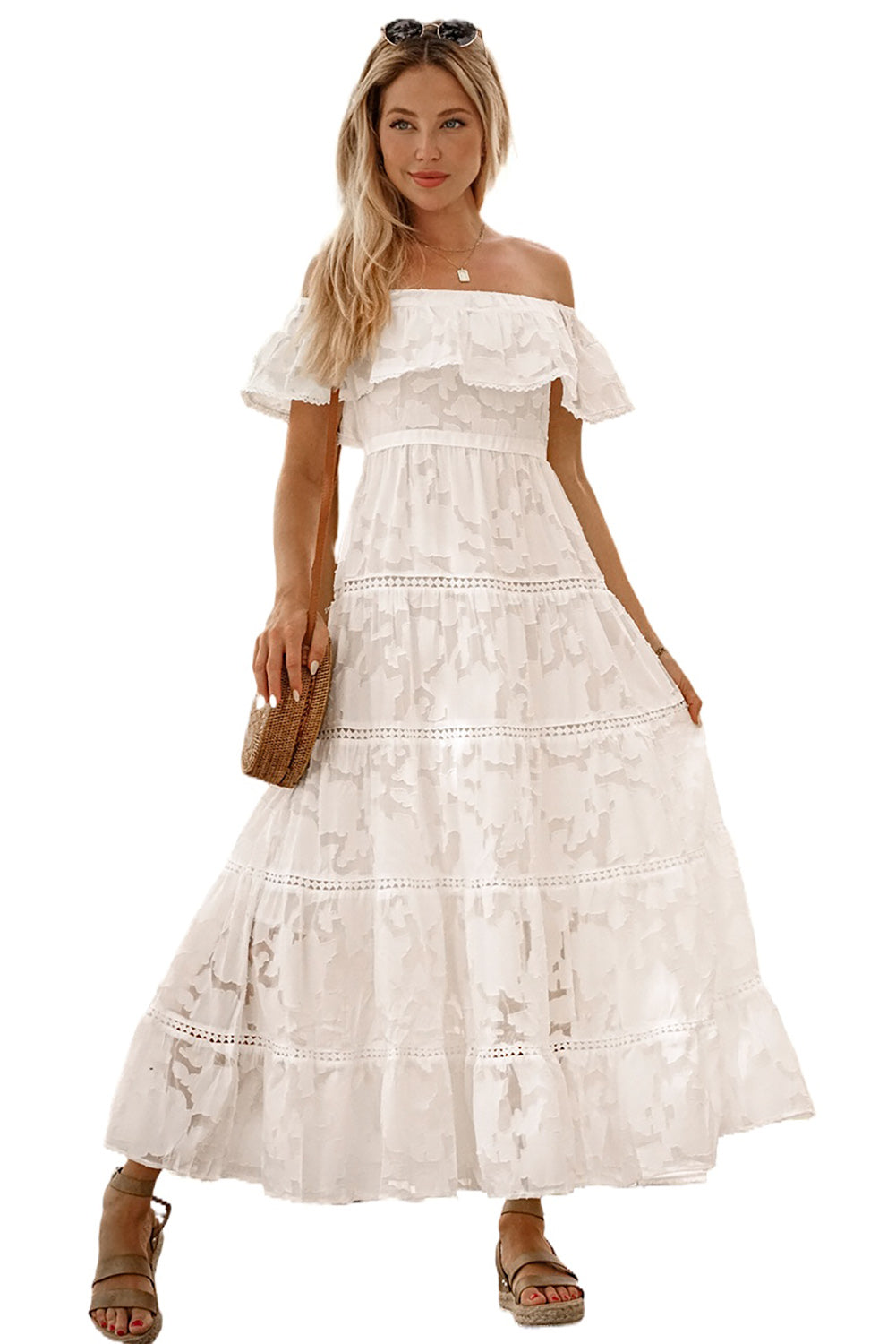 Off-the-shoulder Ruffled Lace Maxi Dress