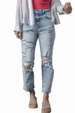 Sky Blue Light Wash Frayed Slim Fit High Waist Jeans