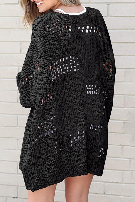 Black Casual Hollowed Knit Dolman Sleeve Cardigan