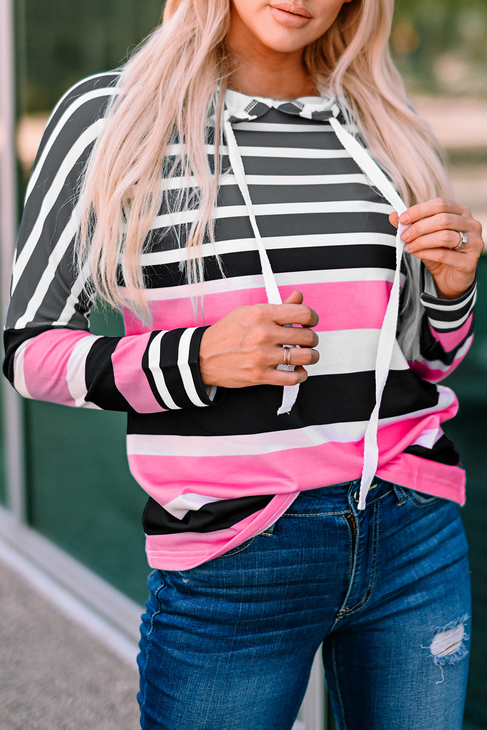 Multi Striped Drawstring Long Sleeve Hoodie